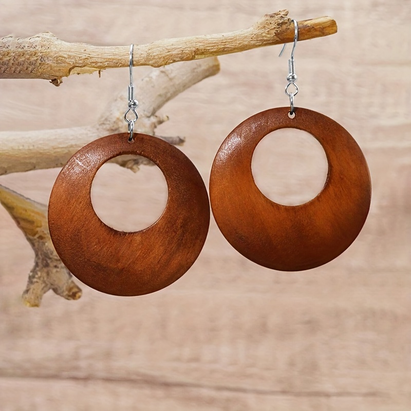 TEMU 1 Pair, Ladies' Fashion Drop Earrings, Autumn And Winter Personalized Retro Hollow Round Wooden Earrings, Temperament Easy And Versatile Long