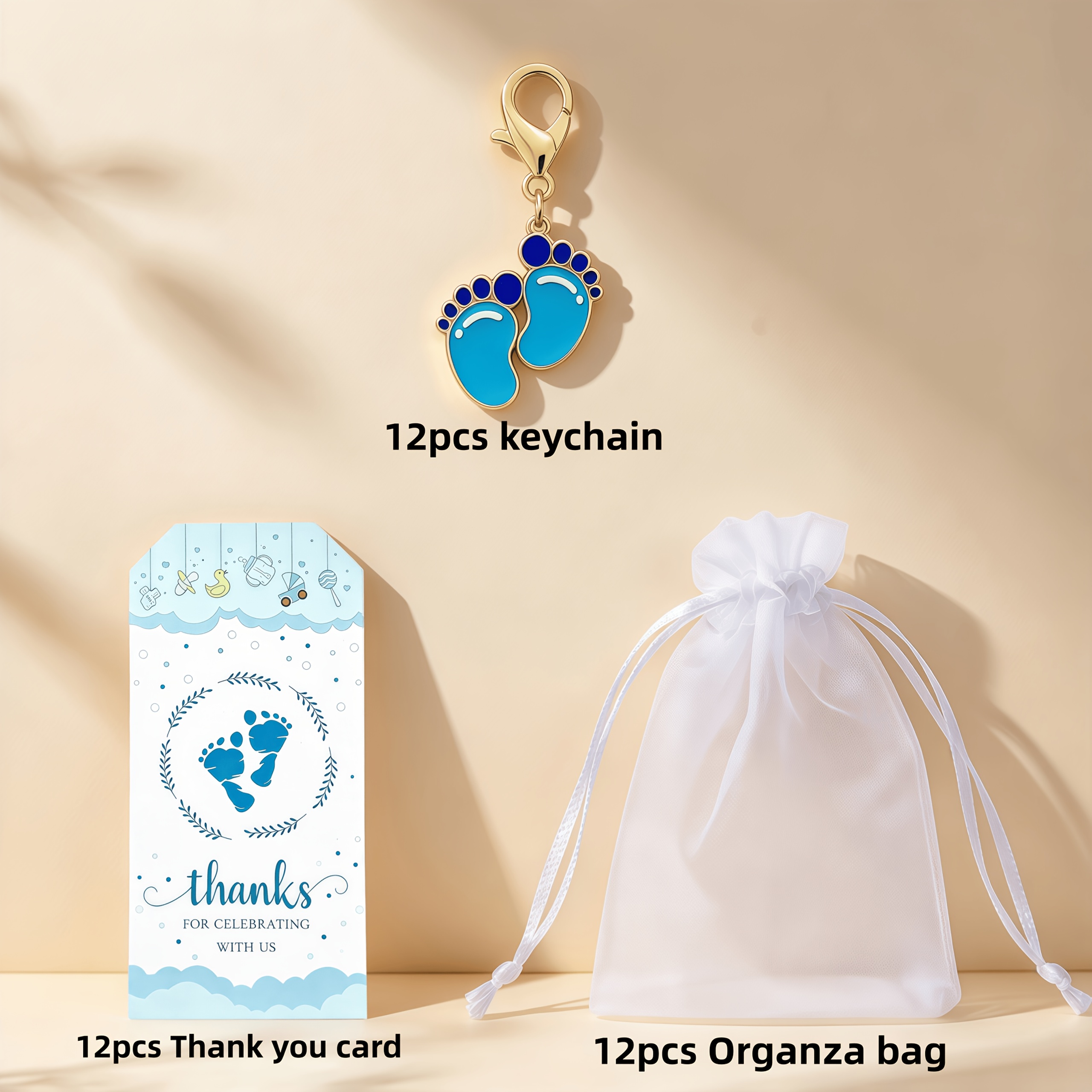 TEMU 36pcs Gift For Her/him, Blue Footprint Keychain Favor Set - 12 Keychains + 12 Thank You Cards + 12 Organza Bags, Suitable For Shower Decorations