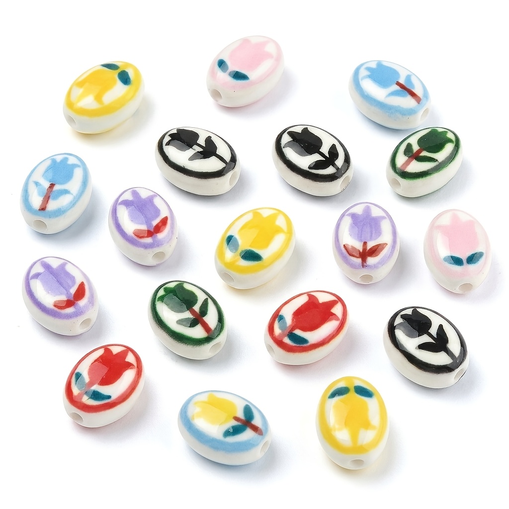 6/9pcs Hand-Painted Tulip Pattern Ceramic Beads, Bohemian Style