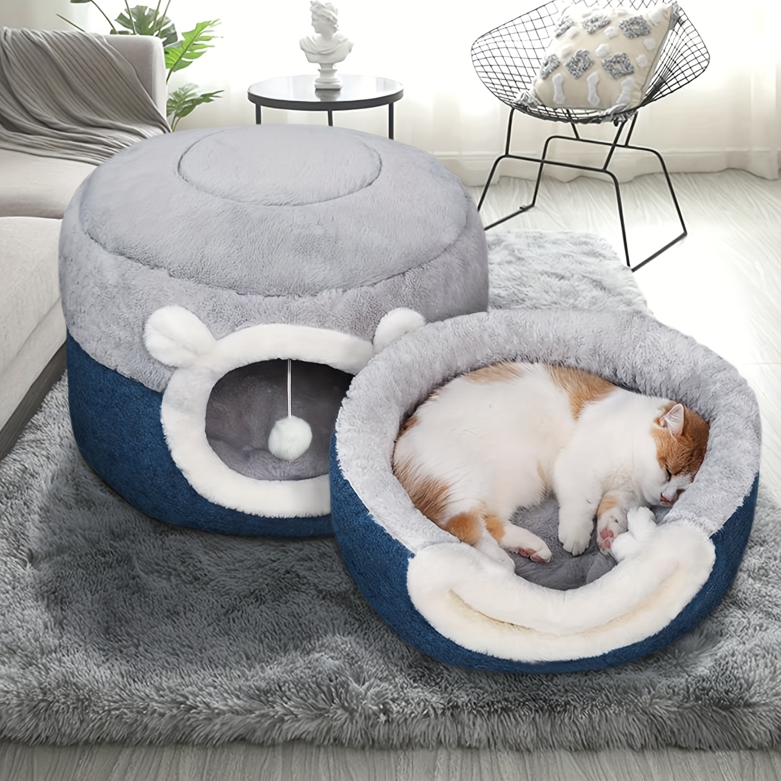 calming cat bed for indoor cats small cat houes 20 inch washable non slip round fluffy plush pet bed cylindrical dog bed for pets up to 15   Product details 0
