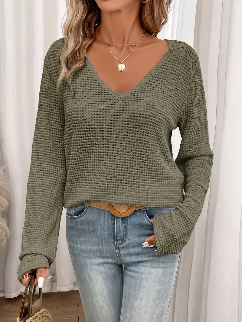 waffle v neck cut out t shirt elegant long sleeve top for spring fall womens clothing army green 2