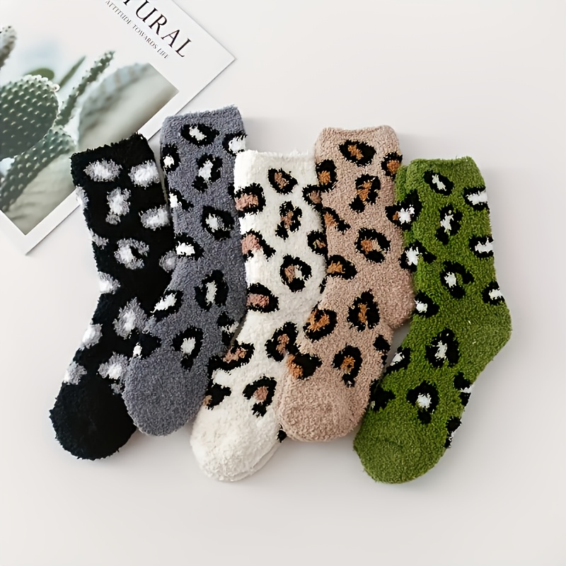 5 Pairs Leopard Print Coral Fleece Thickened Floor Sleeping Plush Socks, Soft And Comfortable