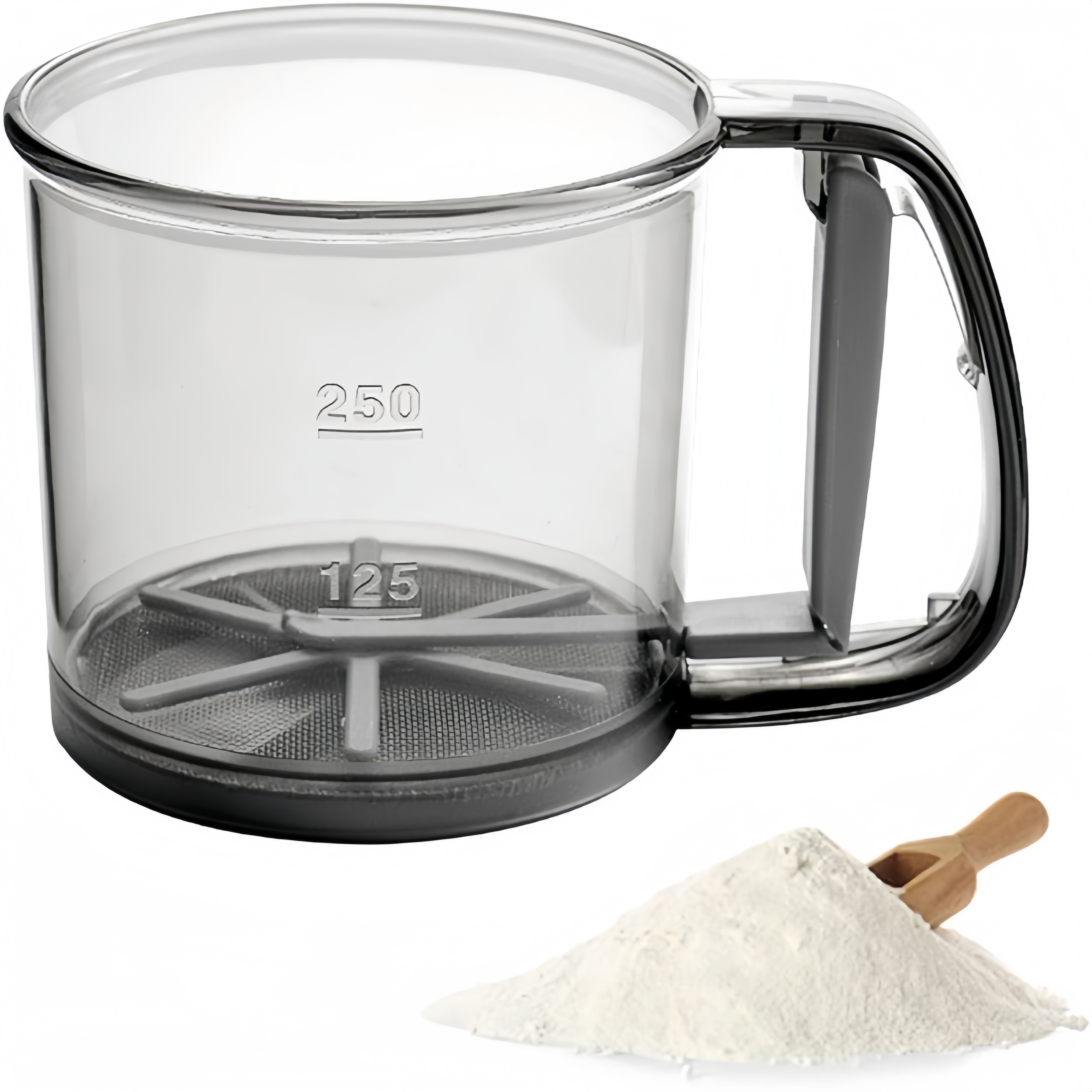 

Manual Hand Press Flour Sifter, 1pc, Fine Mesh Kitchen Cooking Sieve, Portable Manual Baking Sifter For Powdered Sugar, Flour, 250ml Capacity, Plastic, No Power Required, Grey