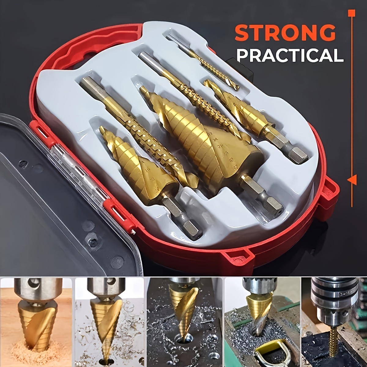 

6pcs High-speed Reaming Pagoda Sawtooth Set, Titanium Plating Drill Bit Set With Box, Multiple Hole Stepped Up Bits For Sheet Metal, Tile Glass Diy Lovers