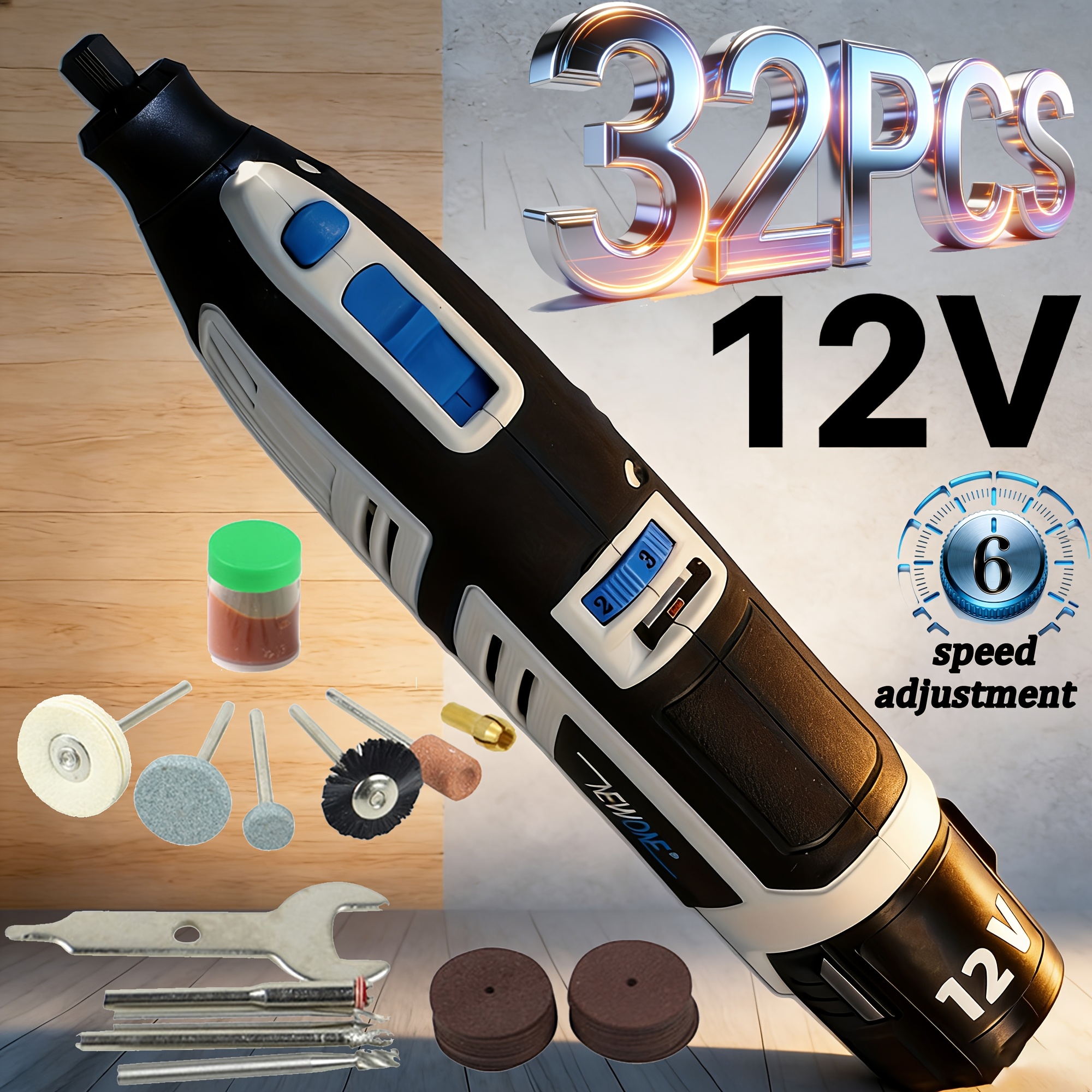 32pcs 12v Rapid Grinder, A Cordless Device, Industrial Rotary Tool With 6-speed Settings, Versatile For Grinding, Polishing, Cutting, And Detailed