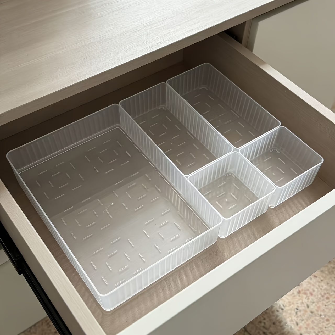 TEMU Organizador de cajones de escritorio, juego de cajas de almacenamiento con múltiples compartimentos y cajones con estantes ajustables -