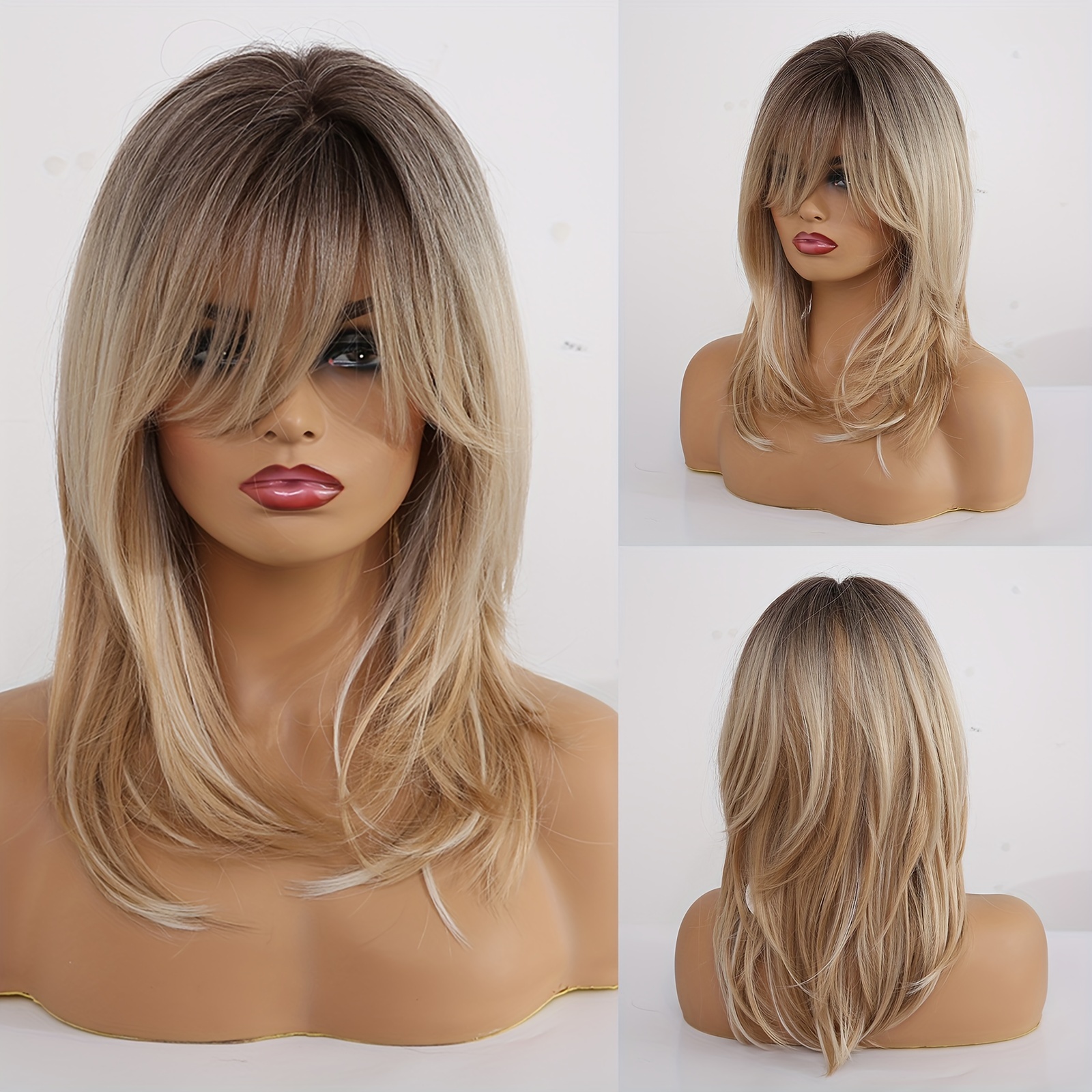 TEMU Wig Chemical Fiber Mechanism Head Covering Ladies Gradient Color Straight Hair Matte Silk