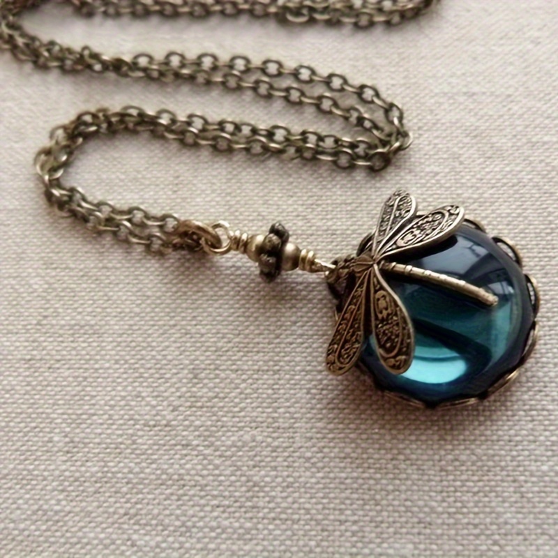 

Handmade Moon Dragonfly Necklace With White Faux Opal - Vintage Victorian Style Jewelry