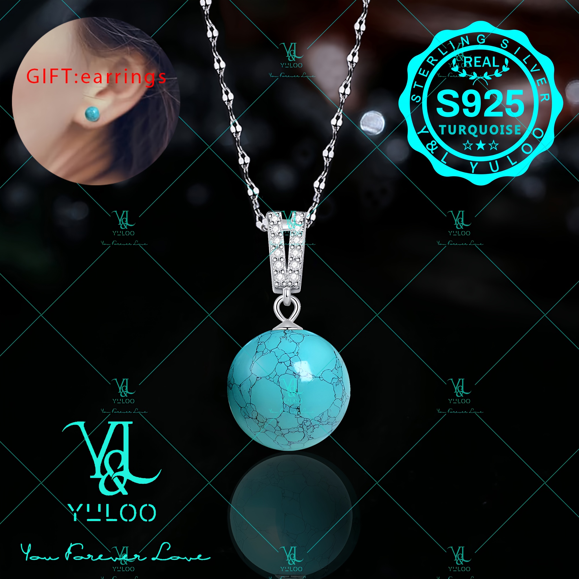 TEMU S925 Sterling Silvery Natural Genuine Turquoise Pendant & Necklace 18+2 Inches, (complimentary Pair Of Random Earrings)