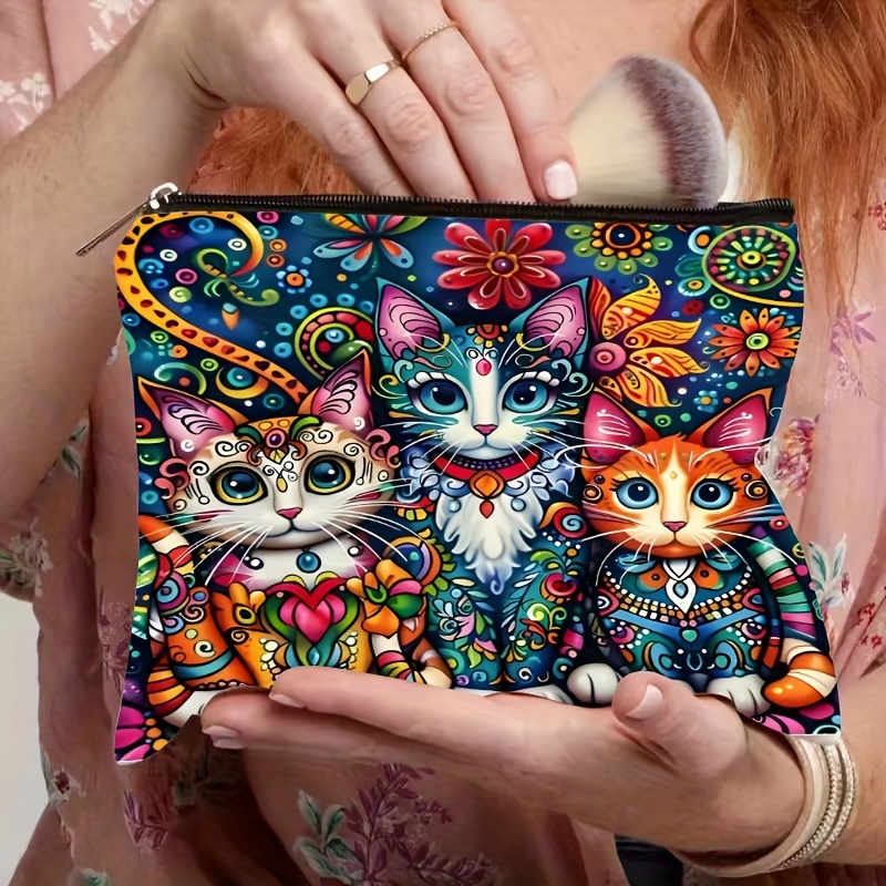 

1pc Bohemian Cat Pattern Makeup Bag - Vibrant Colorful Cosmetic Pouch With Safety Zipper, Lightweight & Scent-free, Travel, Daily Use, Or Toiletries, Small Makeup Bag