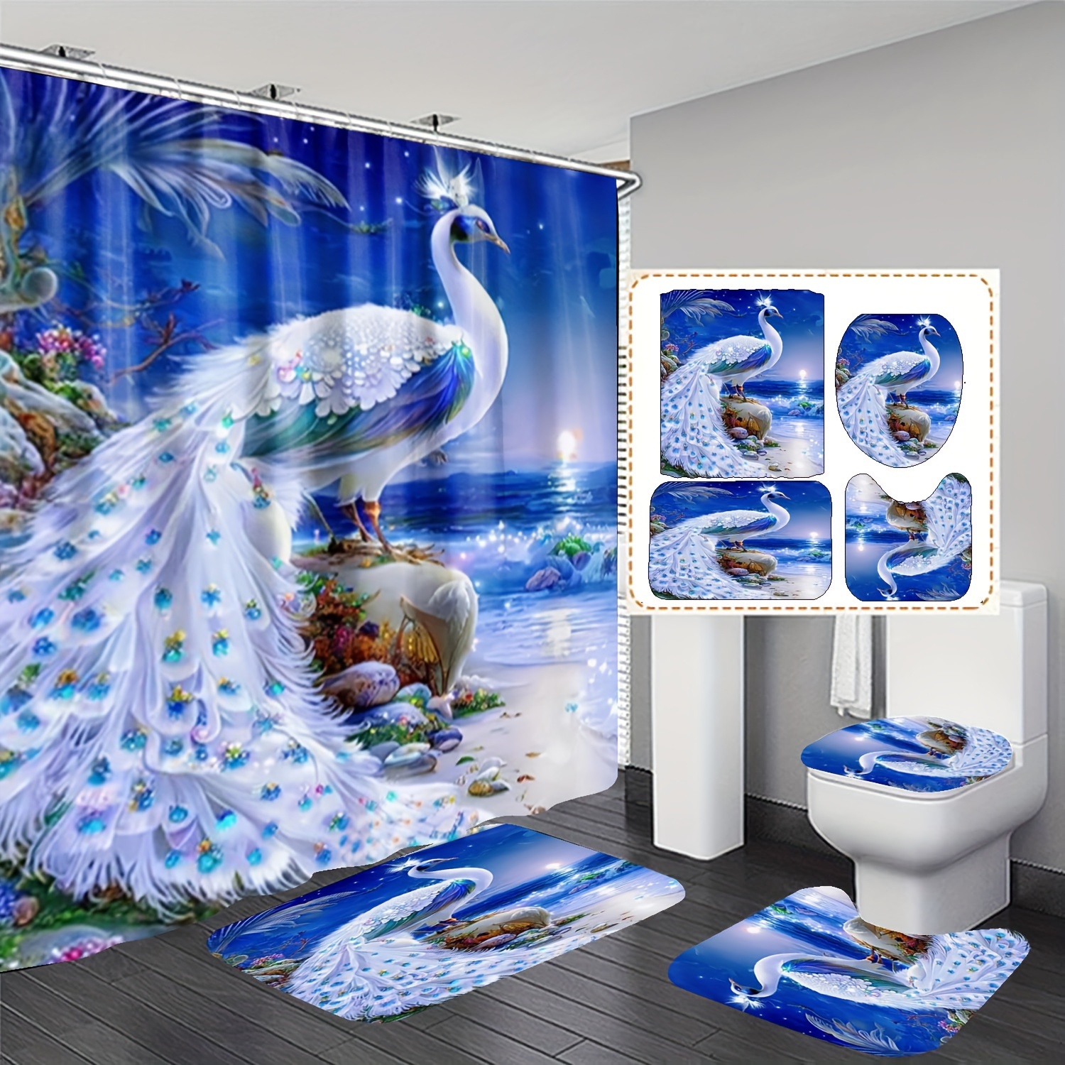 

Elegant White 4pcs Bathroom Set - Waterproof Shower Curtain With Hooks, Non-slip Bath Mat, U-shaped Rug & Toilet Lid Cover