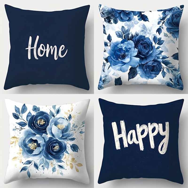 

4-pack Contemporary Floral Throw Pillow Covers 18x18, Decorative Polyester Cushion Cases, Zippered Hand Washable Design, For Living Room And Bedroom Home Decor - Flowers And Text