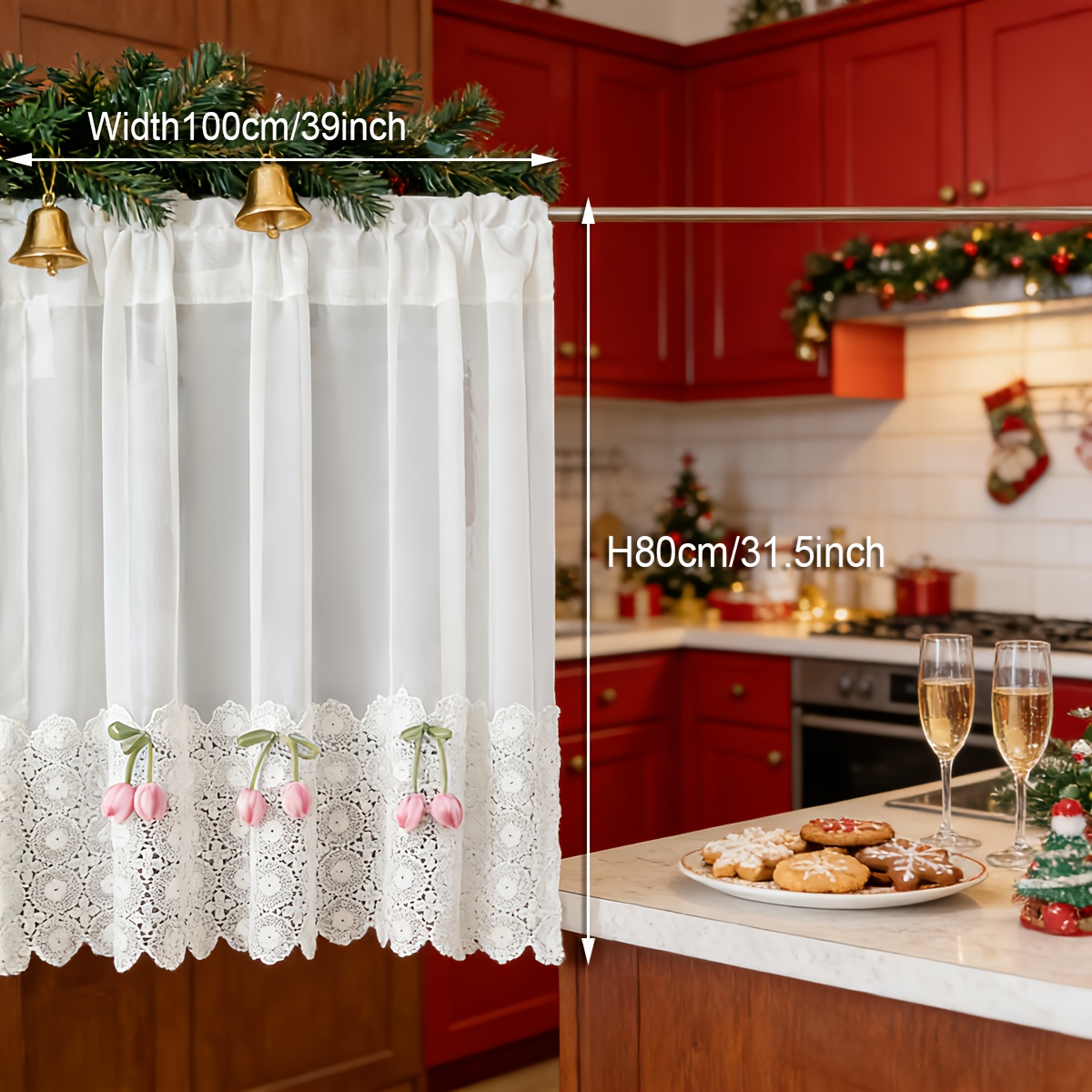 Image of French Romantic Decorative Cafe Curtain, White Embroidered Lace Short Curtain, Rod , Suitable For Living Room, Bedroom, Kitchen, Door