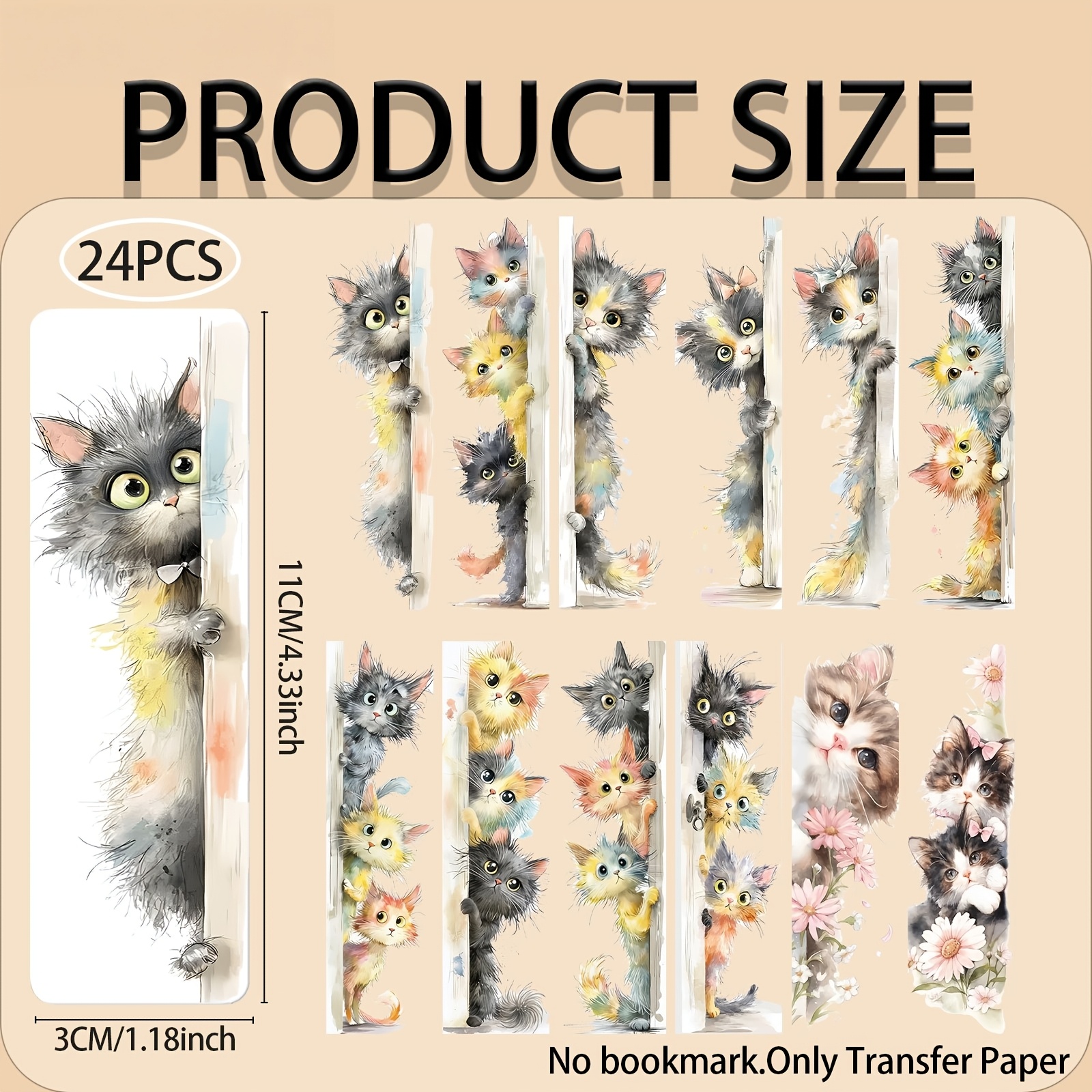 TEMU 24pcs "peeking Cat" Themed Uv Dtf Transfer - Suitable For Bookmark Decoration, And Can Be Used Decorative For Phone Cases, Furniture, Drawers,