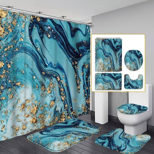 صورة العنصر طقم ستارة دش رخامية بتصميم رقائق باللونين الأزرق المخضر والأزرق الأخضر مكون من 1/3/4 قطع، ديكور حمام على طراز الحديث، إكسسوارات الحمام تشمل سجادة حمام وبساط على شكل حرف u وغطاء مقعد المرحاض، ستارة دش مقاس 180 سم مع 12 خطافًا، ديكور حمام عصري، ديكور منزلي بفن معاصر