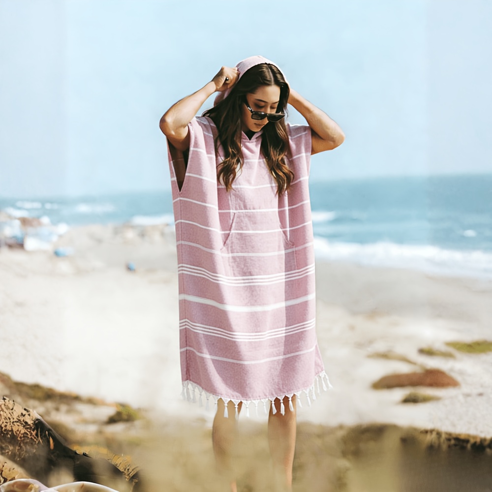 hooded towelling beach dress 1pc wearable towel beach cape bath towel large Denim Pocket Front Gold Size:16 1/2 32/33 Made from thick microfiber zip up towelling beach robe Swatch:#ccd6e0