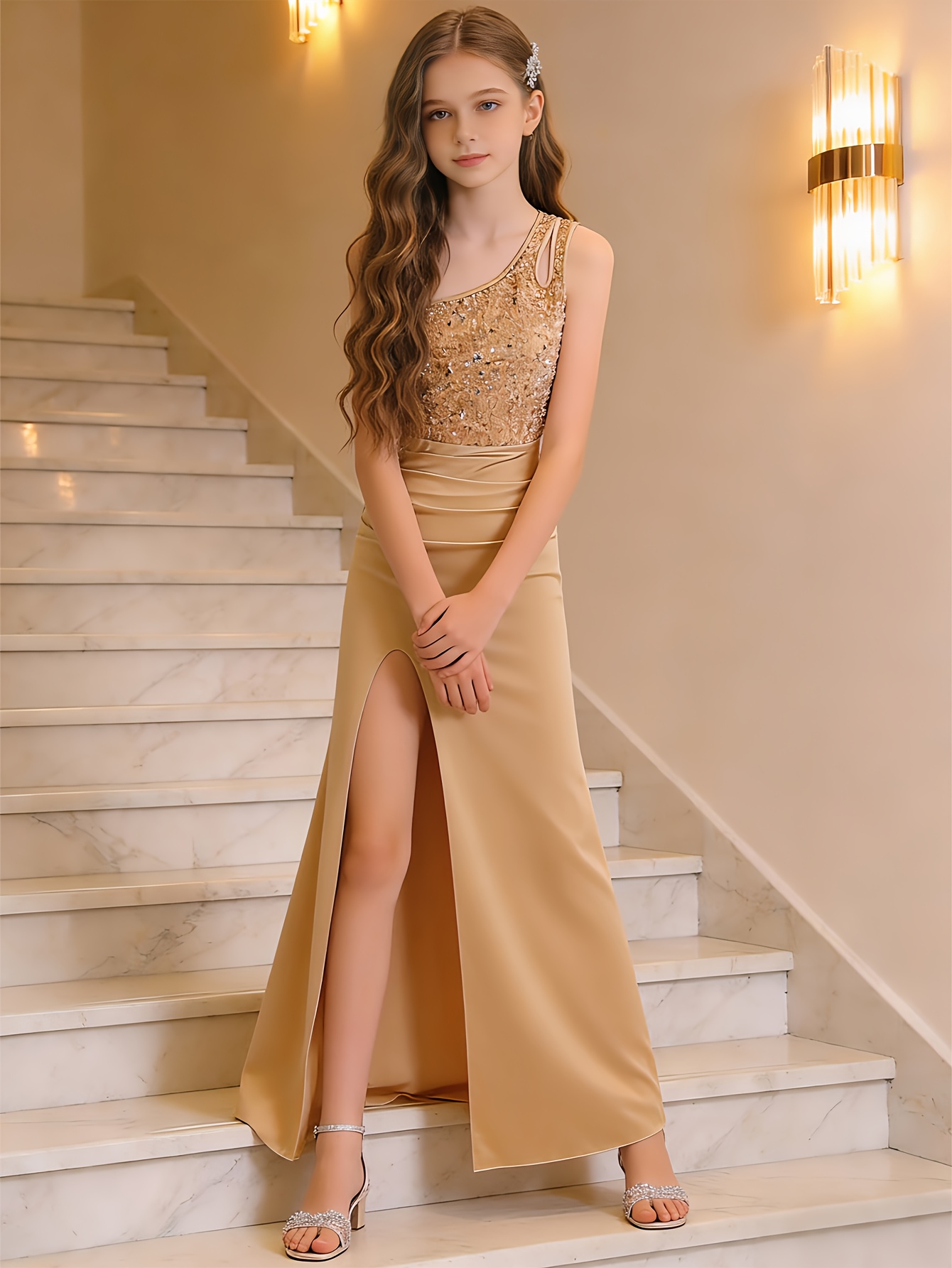 Vestido de Lantejoulas Dourado Champanhe de Um Ombro para Jovens 6