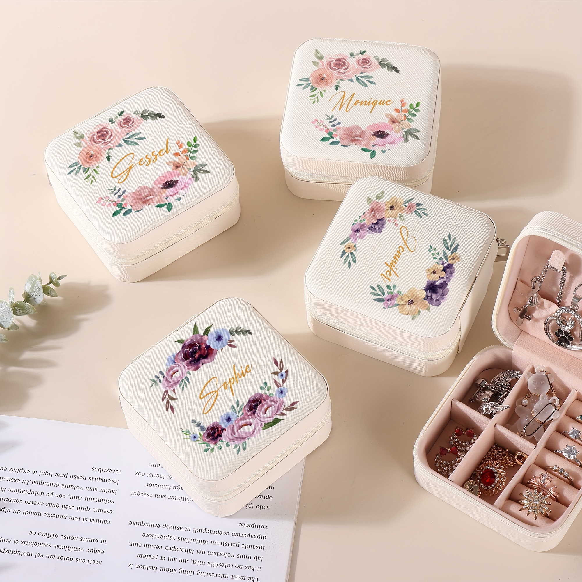 

Trendy Diy Flower & Name Letter Style Design Pattern Mini Square Jewelry Box, Lightweight Portable Earring, Rings Necklaces Storage Case