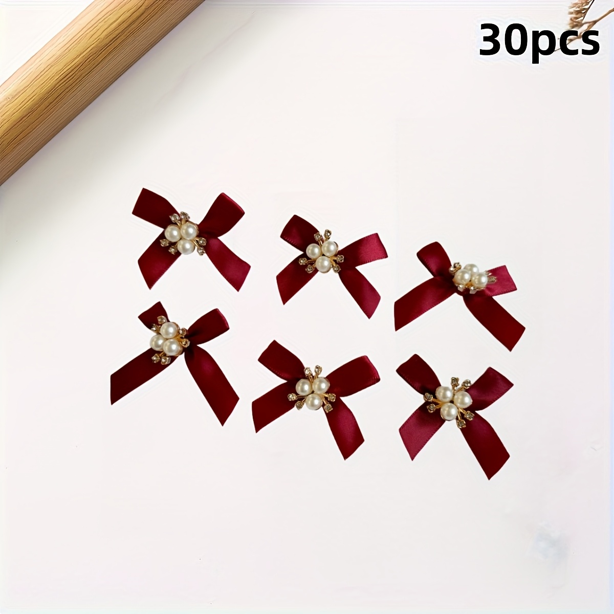 TEMU Lot de 30 nœuds en ruban main de Noël avec fausses perles et Zirconia, appliques de nœuds en ruban pour bricolage, couture, scrapbooking,