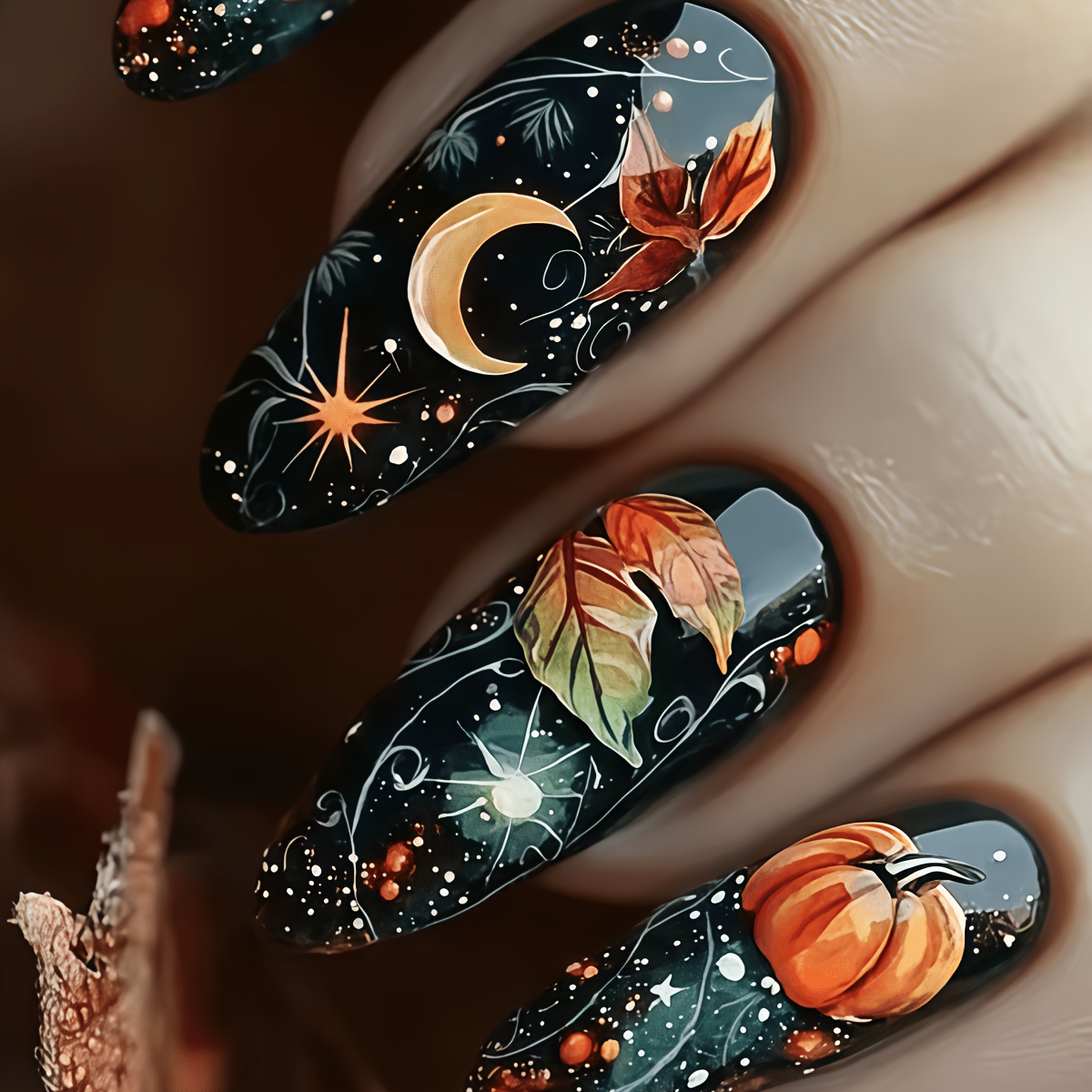TEMU 24pcs Nail Set, With Autumn , Maple Leaf, And Pumpkin Vintage-inspired Fine Glitter Long Stiletto Glossy Detachable Press-on Nails For Daily