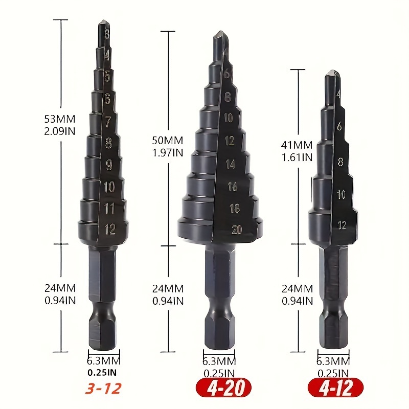 

3pcs High-speed Steel Step Drill Bits Set With 1/4" Hex Shank, Nitride Coated, 3-20mm Taper Cutter For Metal, Wood, Steel Drilling Power Kit