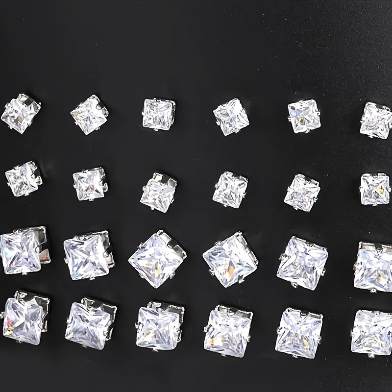 12 Pair Set Square Cubic Zirconia Stud Earrings for Men