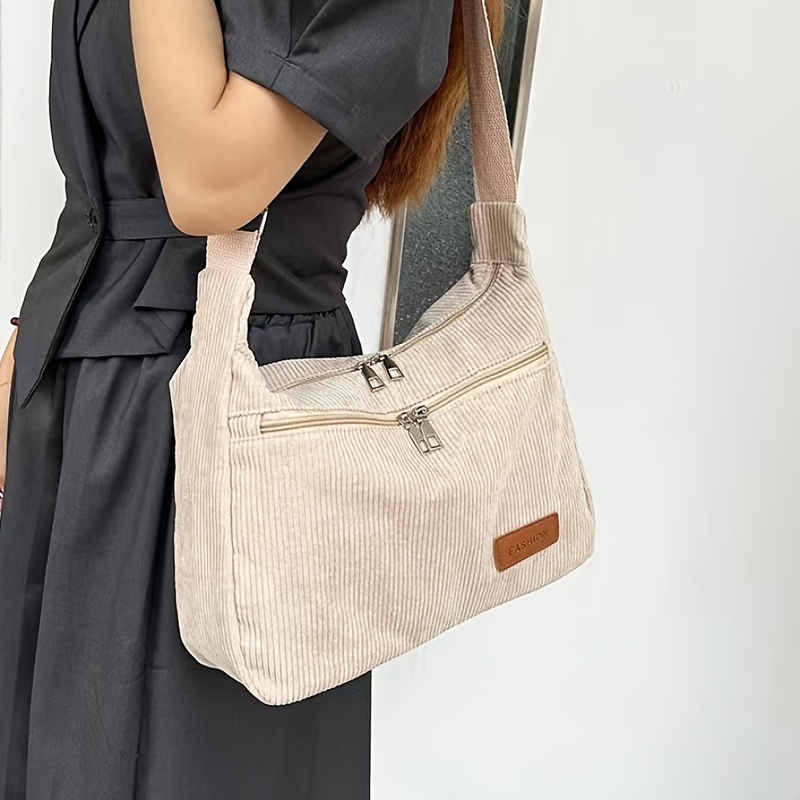 Image of 1pc Ins New Diagonal Cross Bag Corduroy Handbag Tote Bag Korean Version Solid Color Popular Striped Shoulder Bag Women' Trendy Korean Japanese Corduroy Bag College Style Korean