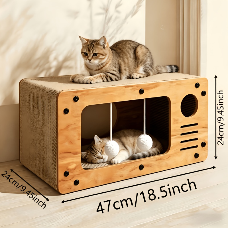 TEMU A 2-in-1 Integrated Vertical Tv Cat Scratching Board - Wear-resistant And Durable Cardboard, Interactive With Hanging Toys, Comfortable In | Cat