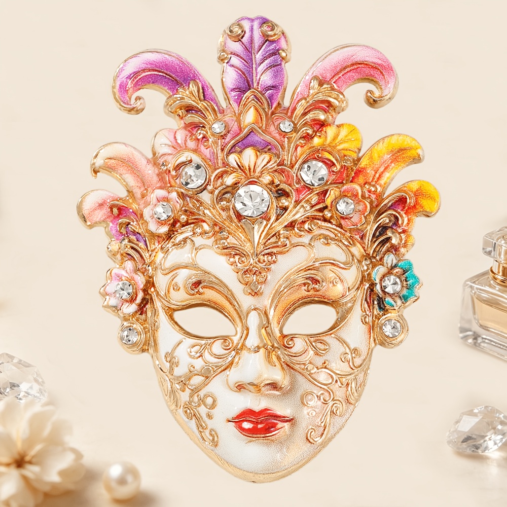 Vintage Venetian Mask Enamel Brooch with Rhinestone Inlay