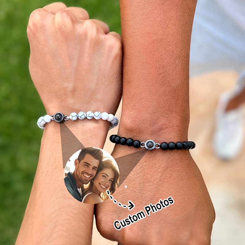 2pcs Custom Photo Bracelets, Personalized Bead Couple Jewelry