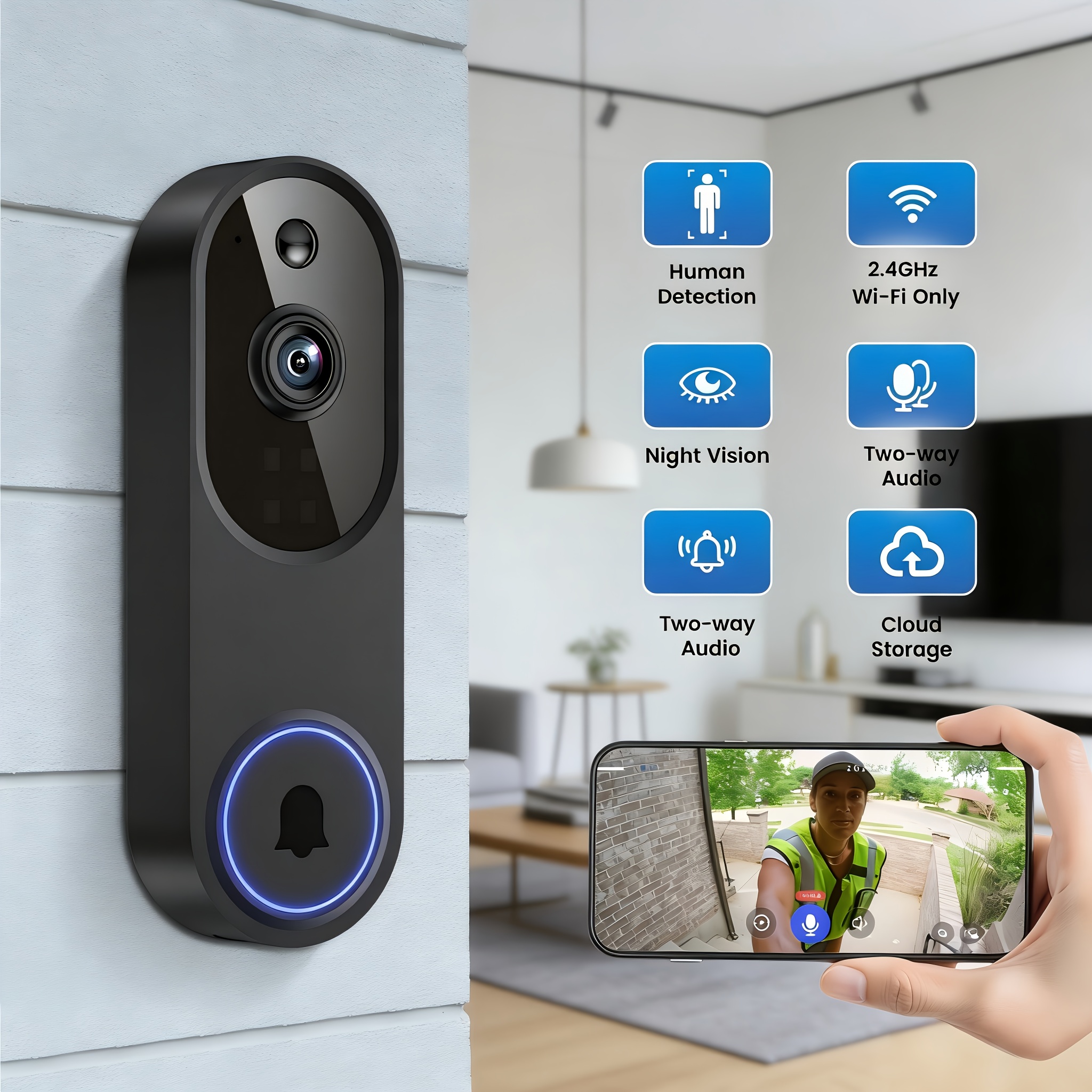 1440p Smart Video Doorbell With Pir , Clear Night Vision, Intercom, Cloud Storage (optional), 2.4g Wifi Only, Battery Powered, Easter Video Doorbell