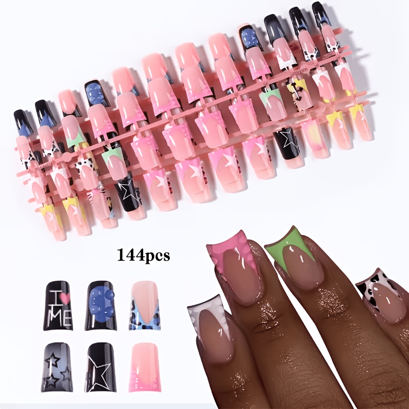 TEMU A Set Of 144 Short Square Press-on Nails Fake Fake Nails Featuring Various Trendy Elements: Colorful V-shaped French Tips, Cow Patterns, Polka