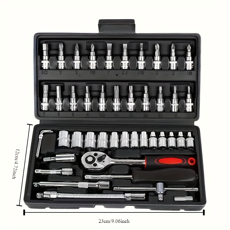 TEMU Steel Socket Wrench Set, -functional Maintenance Tool Kit, With Wrench & Screwdriver Bits, For Car, , Motorcycle Repair, Uncharged Manual Tool Box