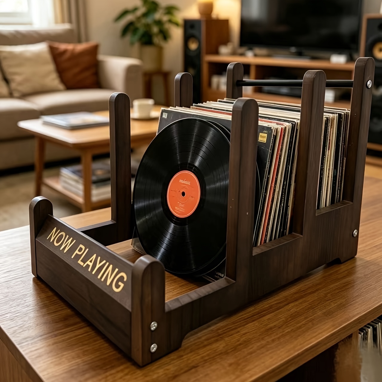 Domači lesen organizator za vinilne plošče, stojalo za shranjevanje albumov CD DVD revij, namizno stojalo, dekorativna polica za družinski kino,