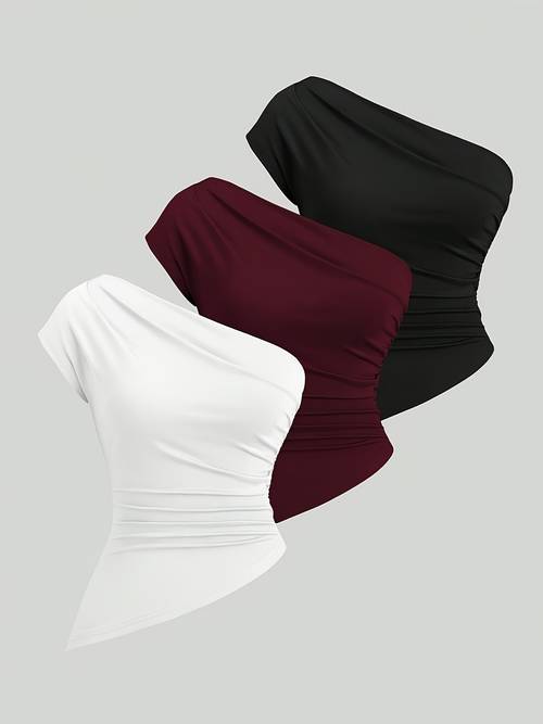 3-teiliges elegantes, asymmetrisches plissee- für damen | unifarben, für frühling/sommer