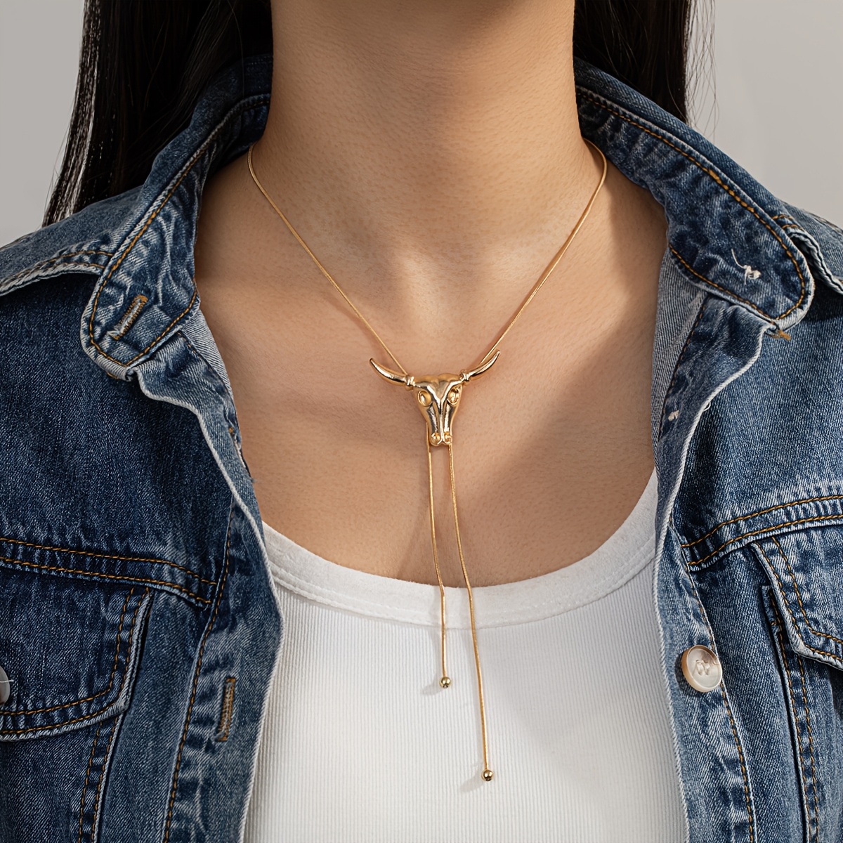 TEMU 1pc Western Style Three-dimensional Pendant With Retractable Long Tassel Y-shaped Women's Necklace, Versatile For Everyday Wear