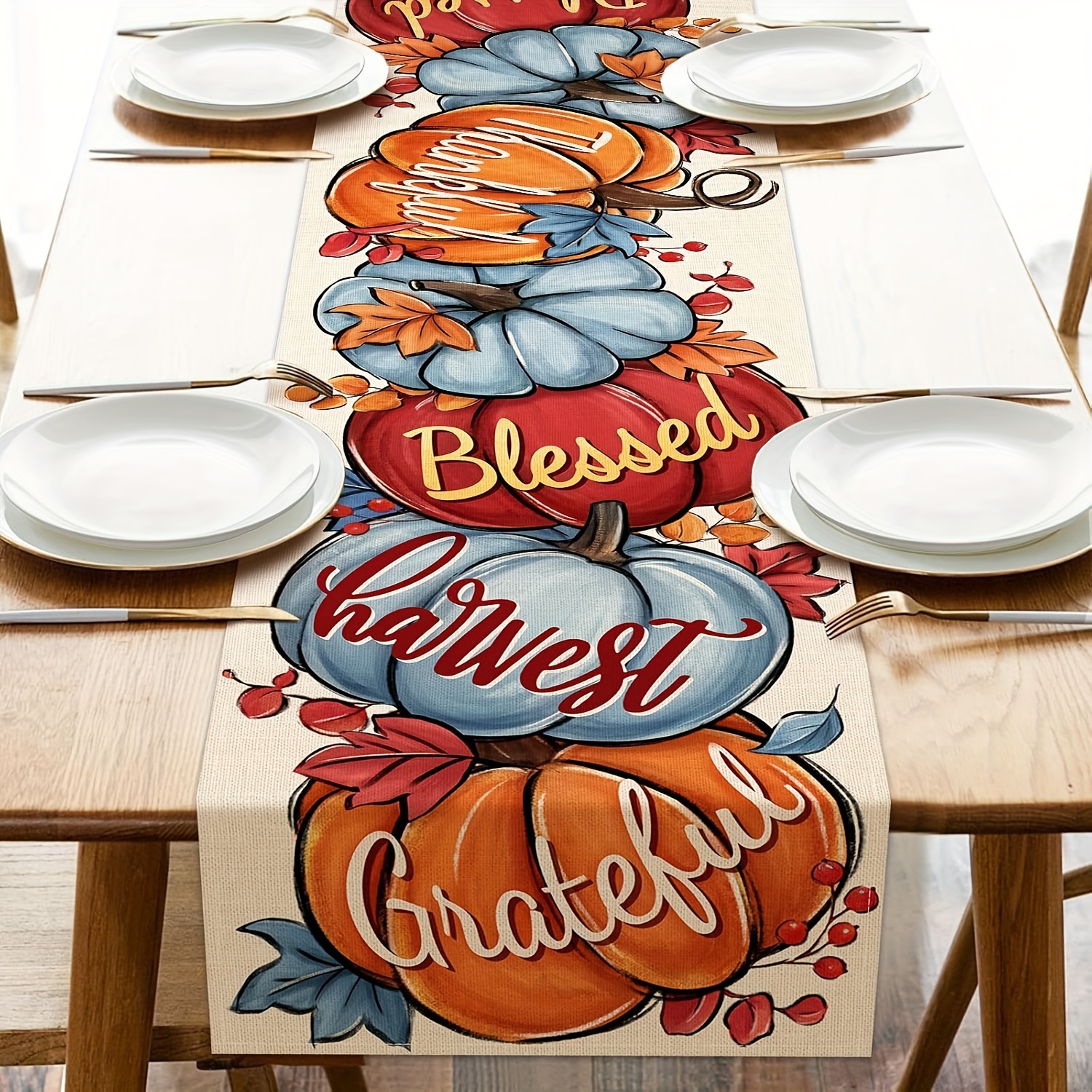 

Thanksgiving Linen Table Runner - 100% Woven Linen, Square Shape, Design With 'blessed', 'harvest', 'grateful' Accents, Perfect For Fall Seasonal Dining & Home Decor - 1pc