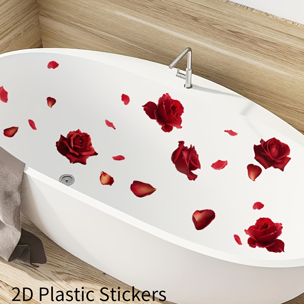 Red Rose Bathtub And Toilet Stickers | Double-sided, Detachable, Reusable Plastic Decor For Bathrooms, Ceramic Surfaces, Self-adhesive