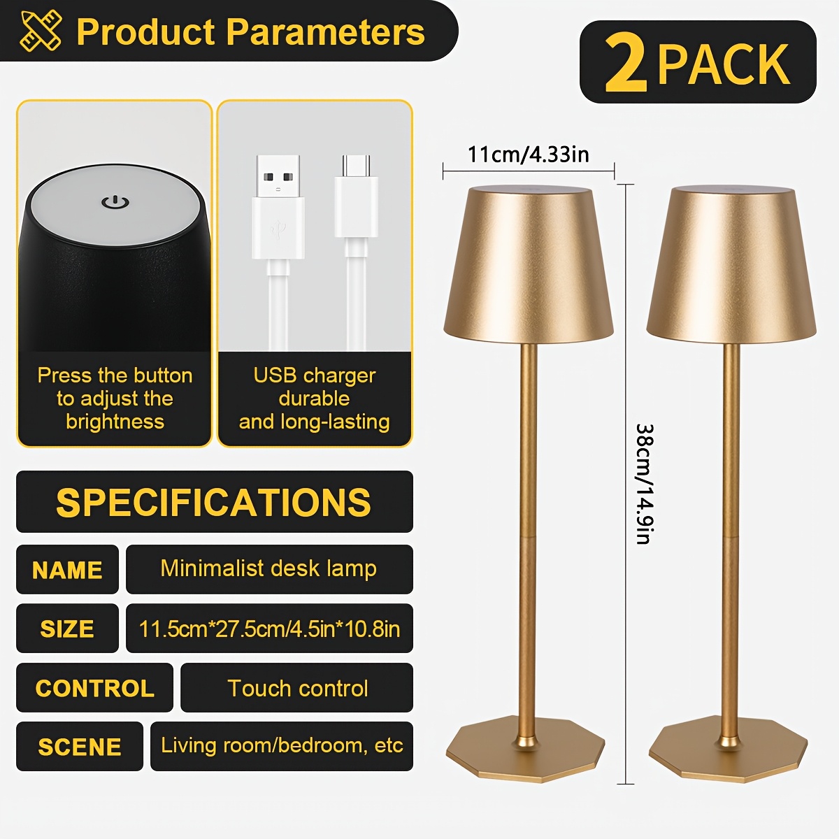 TEMU 2 Sets Of Portable Cordless Table Lamps And Night Lights, With Dimming Function And Touch Switch, Rechargeable 6000mah Battery, Suitable For