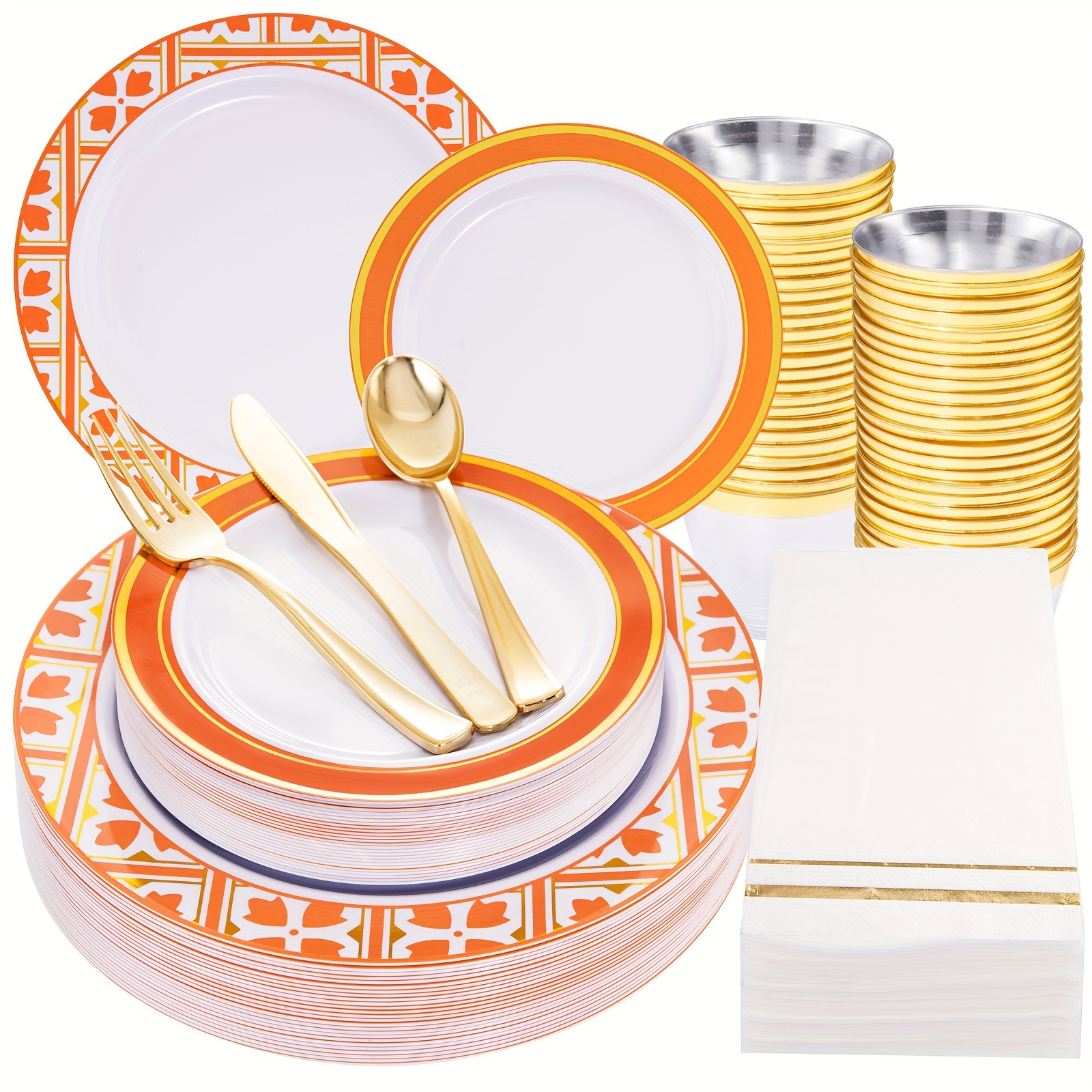 

Nervure 175pcs Orange Plastic Plates - Gold Disposable Plates 25dinner Plates, 25dessert Plates, 25cups, 25forks, 25knives, 25spoons, 25napkins For Thanksgiving Party