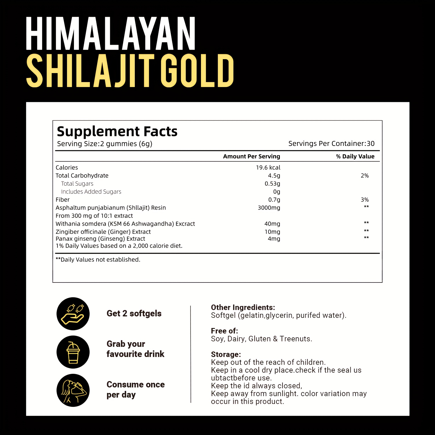 Shilajit Men's Gummies with Compound Minerals and Plant-Based Extracts for Energy Support, 60 Count