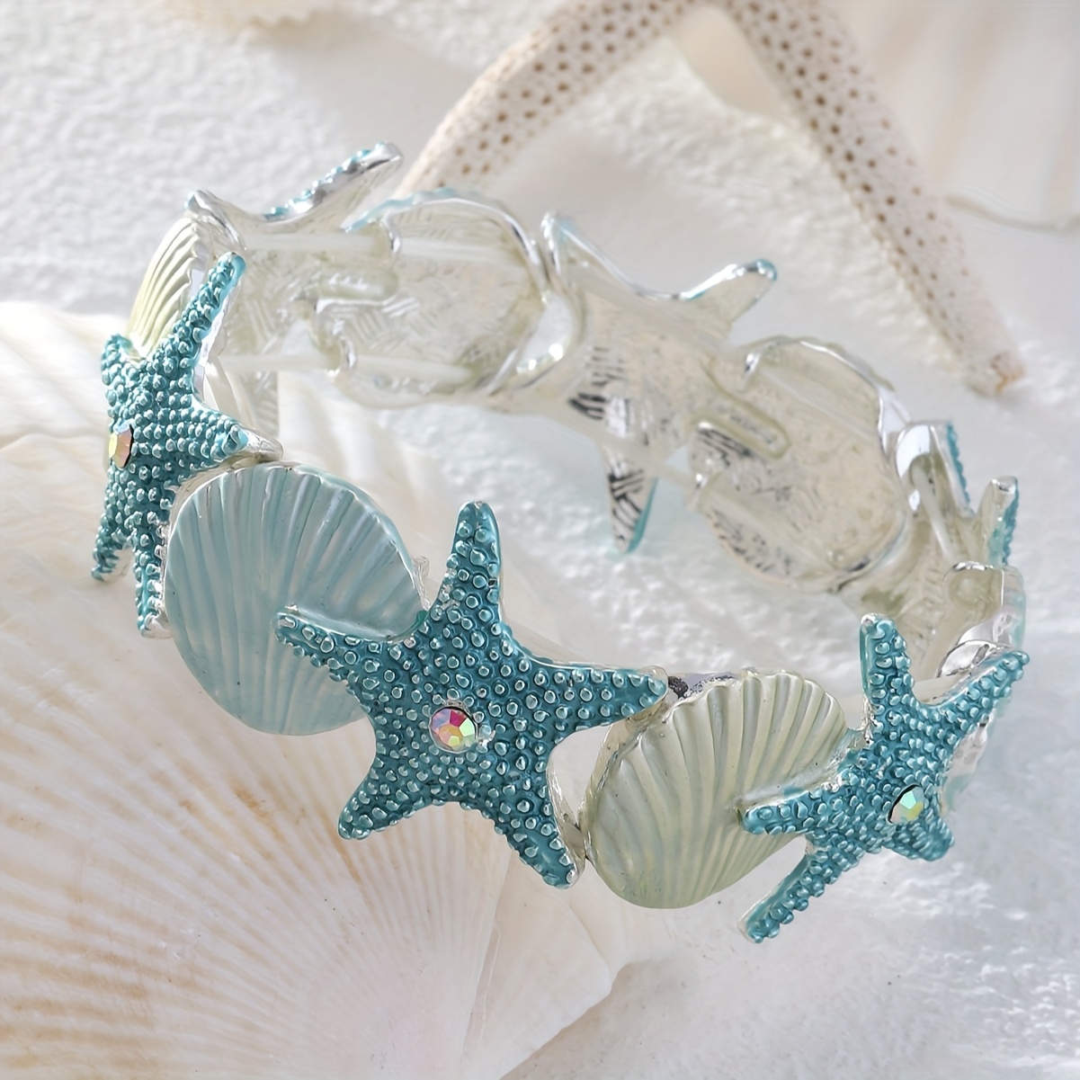 Image of 1 Bangle Alloy Blue Enamel Starfish Shell Bracelet Bohemian Spring Summer Beach Holiday Accessory Jewelry, Birthday Party Gift