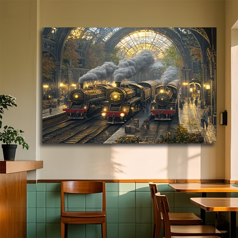 TEMU 2d Flat, 2d Flat, 1pc Vintage Steam Train Canvas Artwork - Measuring 39.88x59.94cm, Framed With Fir Wood, Featuring A Modern Oil Painting Of A