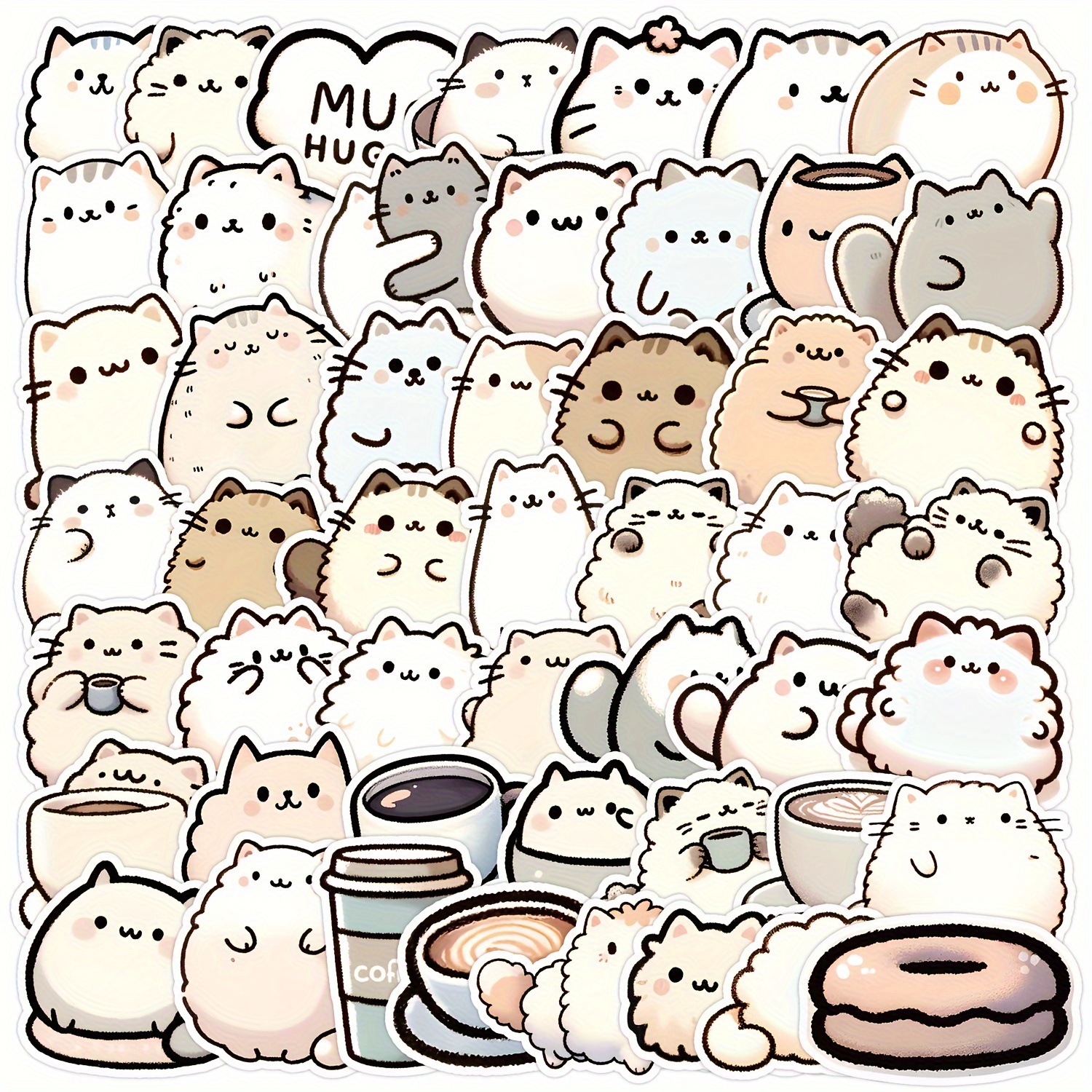 Image of 50pcs Cute Cartoon Chibi Cats & Coffee Stickers Set, Waterproof Kawaii Cat-themed Decals, Paper Material, For Planners, Laptops, Helmets, Water Bottles, Diy Journaling And Scrapbooking