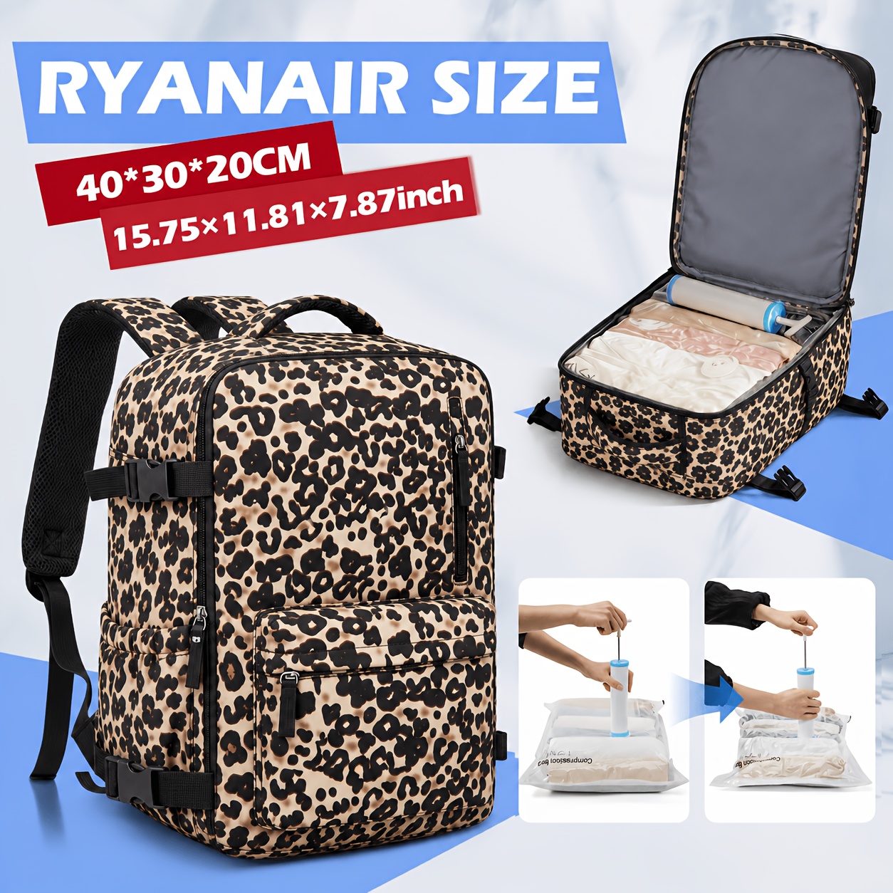 TEMU Vacuum Compression Backpack Ryanair Size 40x30x20cm, Leopard Print Carry On Travel Backpack With Vacuum Bag And Hand Pump, Large Capacity