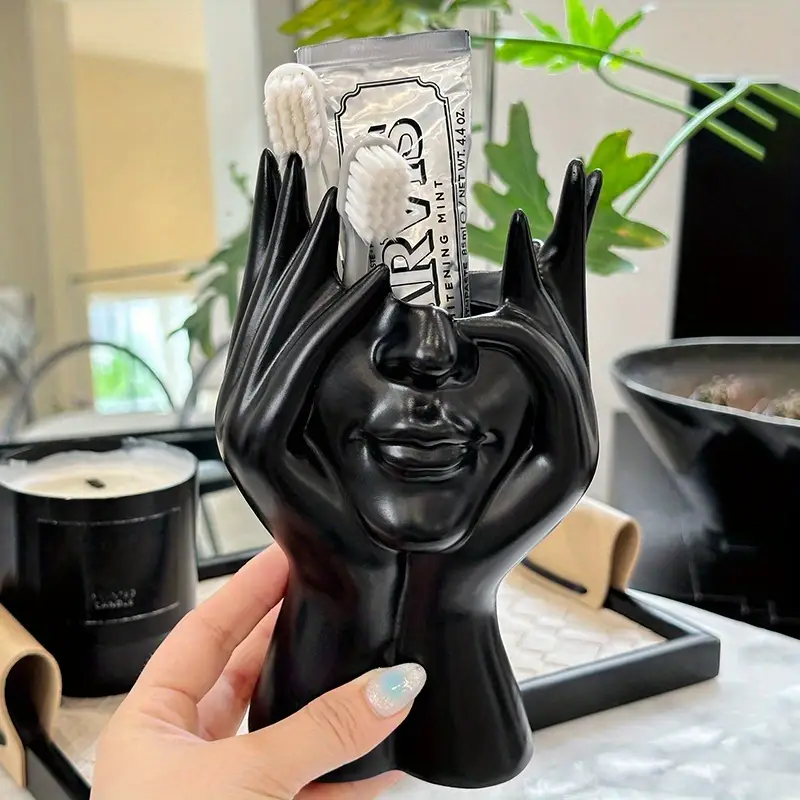 1pc multifunctional facial holder makeup brush organizer creative artistic decorative home office bathroom vanity storage box durable resin material desktop organizer for makeup supplies no power required Product details 0