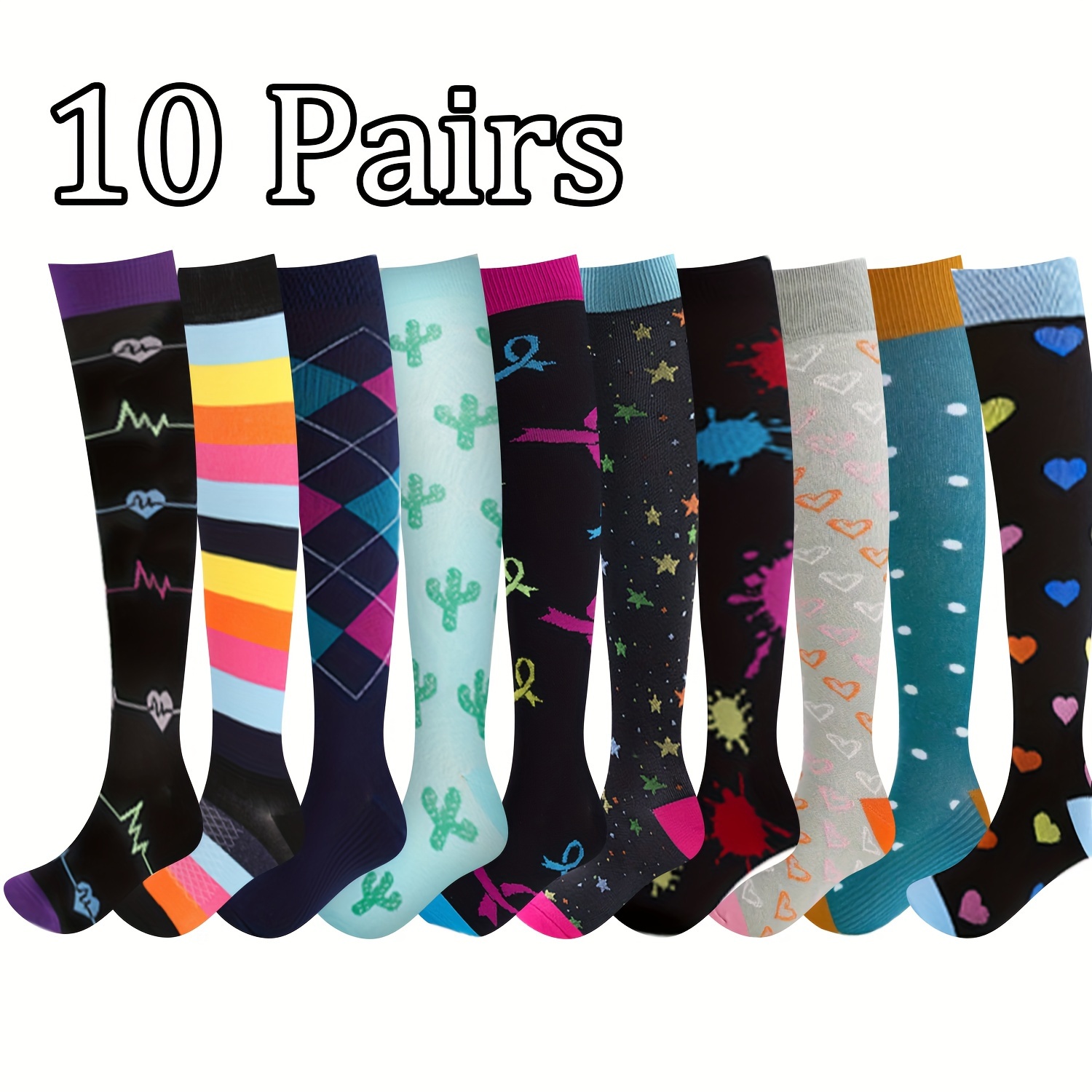 

10 Pairs Of Unisex Random Pattern Compression Socks, Knee High Stocking For Athletic Cycling Running Football Hiking Driving Travel