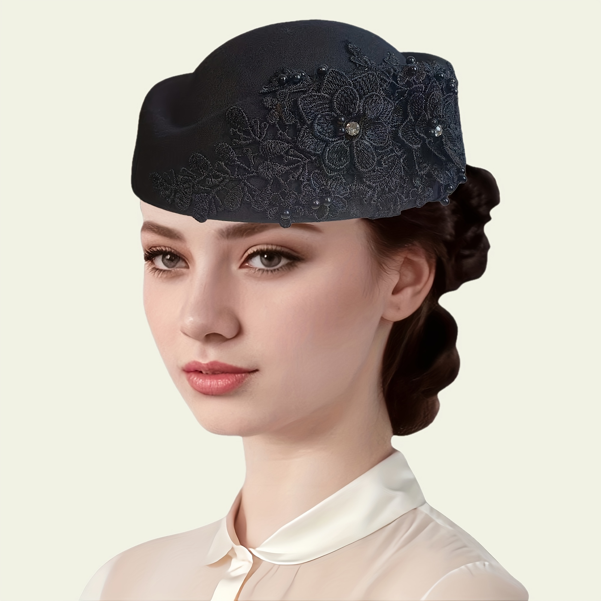TEMU 1pc Vintage British Felt Beret Hat With Embroidered Rhinestone Patch - Lightweight Felt Suitable For Church, Parties, Weddings, Social Events,