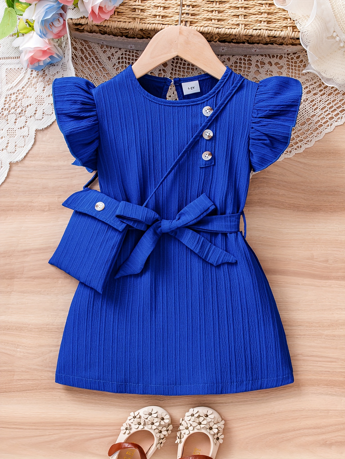 3pcs Set for Little Girls: Outdoor Sports Flying Sleeve Dress + Bag