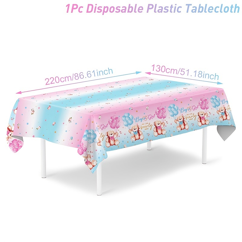 TEMU 1 mantel de oso pequeño rosa y azul, 130*220 cm, mantel de plástico desechable para revelación de género, decoración de de para el hogar,